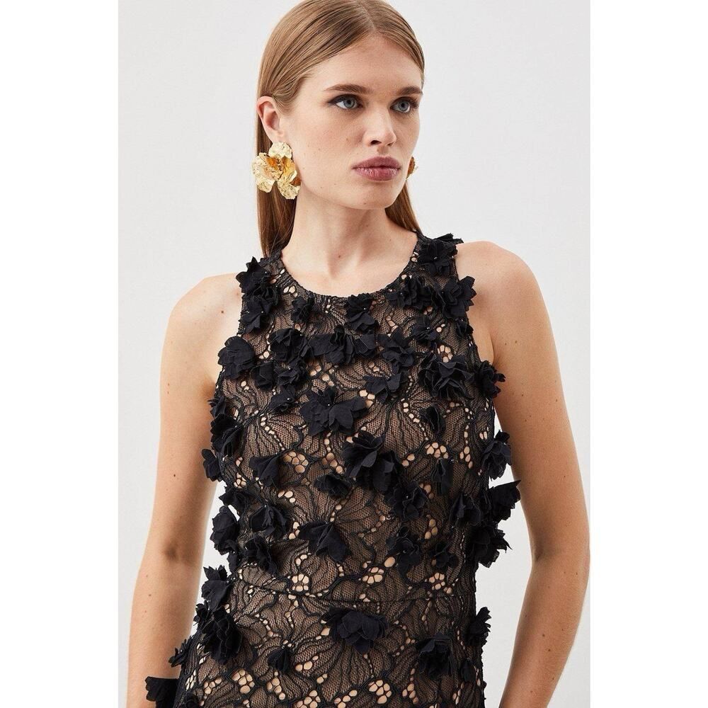 NWT Karen Millen Black Lace Floral Appliqué Midi Dress Open Back Slit US 6 - Picture 3 of 13